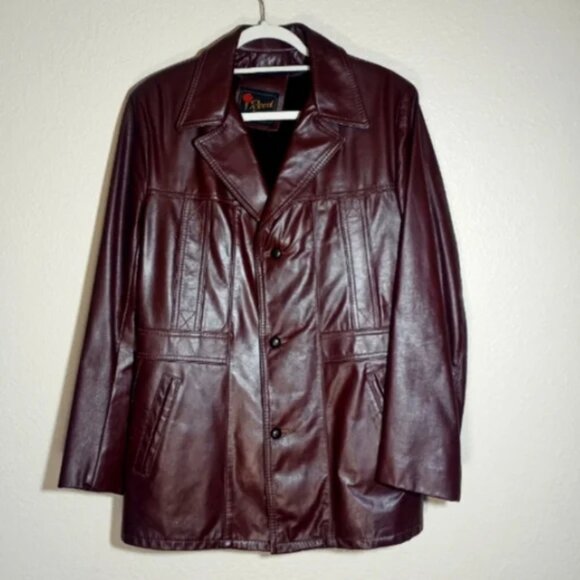 Reed Vintage 70s Bohemian Oxblood Burgundy Wide Lapel Funky Retro Leather Jacket - Picture 1 of 14